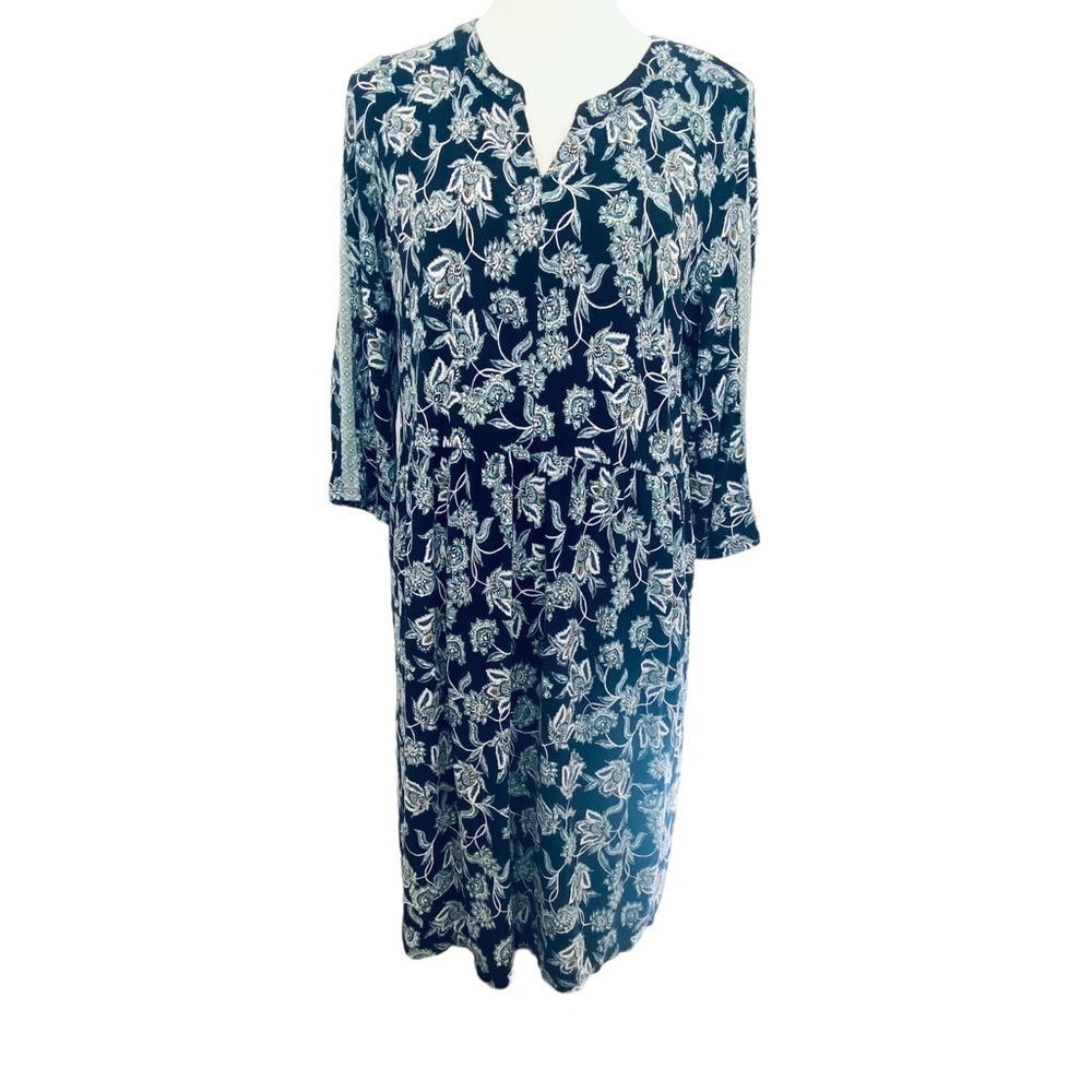 J. Jill Navy Floral Paisley Baby Doll Dress Stretch Pockets Oversize Womens Sz M